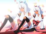  animal_ears autumn_leaves bad_id bad_pixiv_id black_legwear blush breasts collarbone dark_skin detached_sleeves fang gradient gradient_background hat inubashiri_momiji kourindou_tengu_costume large_breasts leaf looking_at_viewer marusan pelvic_curtain red_eyes short_hair silver_hair smile solo tail tokin_hat touhou wolf_ears wolf_tail zoom_layer 