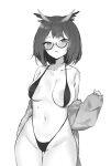  1girl areola_slip arknights bare_shoulders bikini blush breasts closed_mouth collarbone commentary cowboy_shot feather_hair glasses greyscale highres large_breasts long_sleeves monochrome navel otsumami_(02mami) parted_lips semi-rimless_eyewear short_hair silence_(arknights) simple_background sleeves_past_wrists solo stomach swimsuit thigh_gap under-rim_eyewear white_background 