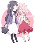  akemi_homura alternate_hairstyle bag black_hair hair_down hairband holding_hands kaname_madoka long_hair mahou_shoujo_madoka_magica multiple_girls older pantyhose pink_hair sakuraba_yuuki skirt smile yuri 