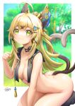  1girl :3 ahoge animal_ears ass bent_over black_choker blonde_hair blue_sky blush breasts cat_ears cat_tail choker commentary_request day genshin_impact grass green_eyes hair_ornament hairclip hand_up heart heart_tail highres kirara_(genshin_impact) long_hair looking_at_viewer medium_breasts multiple_tails nude outdoors royboy sitting sky smile solo tail thighs two_tails very_long_hair 