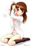 1girl adjusting_hair black_socks brown_eyes brown_hair collared_shirt dated dress_shirt full_body kantai_collection long_hair navel one-hour_drawing_challenge open_clothes panties ray.s ryuujou_(kancolle) shirt simple_background sitting socks solo twintails twitter_username underwear white_background white_panties white_shirt yokozuwari 