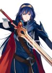  1girl absurdres belt blue_cape blue_dress blue_eyes blue_gloves blue_hair blue_sweater brown_belt cape commentary_request dress falchion_(fire_emblem) fingerless_gloves fire_emblem fire_emblem_awakening gloves grey_background hair_between_eyes highres holding holding_sword holding_weapon kazuha_(kazuha1003) long_hair long_sleeves looking_at_viewer lucina_(fire_emblem) red_cape simple_background solo sweater sword tiara two-tone_cape weapon 