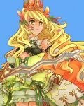  1girl bow butterfly_hair_ornament celine_(fire_emblem) cross-laced_clothes cross-laced_dress crown dress dress_bow facial_mark fire_emblem fire_emblem_engage green_eyes hair_ornament heart heart_facial_mark highres larachelle levin_sword long_hair orange_bow orange_gemstone orange_wristband princess twitch_logo very_long_hair wrist_bow yellow_dress 