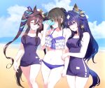  3girls animal_ears arm_hug bare_shoulders beach bikini blue_bikini blue_hair blush breasts brown_hair cellphone cleavage clenched_teeth closed_mouth cloud covered_navel day faceless faceless_female frilled_bikini frills groin hair_ribbon holding holding_phone horizon horse_ears horse_girl horse_tail large_breasts long_hair looking_at_another mole mole_under_eye multicolored_hair multiple_girls navel nervous_sweating ocean one_eye_closed open_mouth outdoors phone ponytail purple_eyes ribbon romi_(346_ura) sand short_hair sidelocks small_breasts smartphone streaked_hair sweat swimsuit tail teeth tracen_swimsuit twintails umamusume verxina_(umamusume) vivlos_(umamusume) walking yuri 