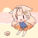  beach black_ribbon blonde_hair blue_swimsuit blush blush_stickers chibi commentary fang hair_flaps hair_ornament hair_ribbon hairclip innertube kantai_collection long_hair lowres momoniku_(taretare-13) ocean one-piece_swimsuit open_mouth remodel_(kantai_collection) ribbon sand school_swimsuit seashell shell solid_oval_eyes solo sunset swimsuit water yuudachi_(kantai_collection) 