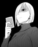  1girl absurdres bob_cut card ear_piercing endou_tatsuya fiona_frost hair_over_one_eye highres holding holding_card piercing short_hair spy_x_family sweater turtleneck turtleneck_sweater 