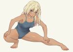  1girl barefoot blonde_hair blue_eyes blue_one-piece_swimsuit blush breasts daipunch dark_skin full_body highres long_hair medium_breasts one-piece_swimsuit original pink_nails school_swimsuit simple_background solo stretching swimsuit tan 