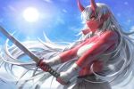  1girl abs absurdres akumi_(yoclesh) arm_wrap bare_shoulders breasts chest_sarashi colored_skin earrings fingernails grey_hair highres holding holding_sword holding_weapon horns indie_virtual_youtuber jewelry katana long_hair muscular muscular_female numanoan oni parted_lips pointy_ears red_horns red_skin sarashi sharp_fingernails solo sun sword virtual_youtuber weapon yellow_eyes 