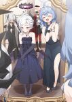  4girls :d ^_^ absurdres ako_(blue_archive) ako_(dress)_(blue_archive) bare_shoulders black_dress black_halo blue_archive blue_dress blue_hair blue_halo breasts chinatsu_(blue_archive) cleavage closed_eyes commentary_request dress halo highres hina_(blue_archive) hina_(dress)_(blue_archive) iori_(blue_archive) jewelry multiple_girls necklace official_alternate_costume open_mouth purple_eyes red_halo short_hair smile thighs white_hair yukie_(kusaka_shi) 