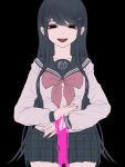  1girl :d absurdres black_background black_eyes black_sailor_collar black_skirt blood bow bowtie danganronpa:_trigger_happy_havoc danganronpa_(series) hair_ornament hairclip highres long_sleeves maizono_sayaka mi_loveyouuu miniskirt pink_blood pink_bow pink_bowtie plaid plaid_skirt sailor_collar school_uniform shirt simple_background skirt smile solo teeth upper_teeth_only white_shirt 