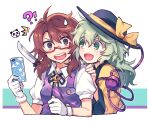  2girls brown_hair cellphone glasses gloves green_hair hat holding holding_phone komeiji_koishi low_twintails multiple_girls panda phone plaid plaid_vest puffy_short_sleeves puffy_sleeves purple_vest quimbaya_airplane re_ghotion school_uniform shirt short_sleeves smartphone surprised third_eye touhou twintails upper_body urban_legend_in_limbo usami_sumireko vest yellow_shirt 