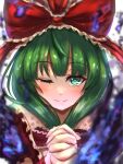  1girl blush bow frilled_bow frilled_ribbon frills front_ponytail green_eyes green_hair hair_ribbon highres kagiyama_hina looking_at_viewer luke_(kyeftss) medium_hair puffy_short_sleeves puffy_sleeves red_ribbon ribbon short_sleeves smile solo touhou 