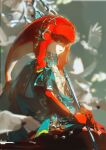  1girl bird blurry champion&#039;s_tunic_(zelda) colored_skin depth_of_field fish_girl gem head_tail headdress highres holding holding_polearm holding_weapon jewelry mipha monster_girl multicolored_skin necklace no_eyebrows orange_eyes polearm red_lips red_skin redum4 smile solo spear the_legend_of_zelda the_legend_of_zelda:_breath_of_the_wild weapon zora 