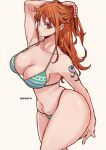  1girl aosora2823 arm_tattoo arm_up armpits artist_name bikini blush breasts cleavage closed_mouth collarbone commentary cowboy_shot expressionless from_side green_bikini highres holding holding_hair large_breasts long_hair looking_at_viewer nami_(one_piece) navel one_piece orange_eyes orange_hair sidelocks simple_background solo standing string_bikini swimsuit tattoo thighs white_background 
