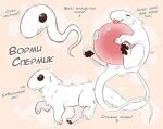 4_toes alternate_form ambiguous_gender black_eyes cum_creature feet feral fur long_tail no_ears pawpads paws russian_text simple_background solo sperm_cell sperm_cell_with_face tail text toes tongue tongue_out unknown_artist white_body white_fur