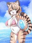  1girl :3 akatsuki_no_guuru animal_ears animal_nose antenna_hair ball beachball bikini black_hair blonde_hair blue_sky blush body_fur breasts claws day fang furry furry_female highres holding holding_ball jitome large_breasts looking_at_viewer multicolored_fur multicolored_hair navel ocean one_eye_closed open_mouth original outdoors purple_bikini sky solo sparkle streaked_hair striped_fur swimsuit tail tiger_ears tiger_girl tiger_tail wet 