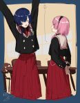  2girls alternate_costume arms_behind_back arms_up black_hairband black_jacket black_shirt blue_border blue_hair blush border buttons closed_eyes desk double-breasted facing_another feet_out_of_frame hair_over_shoulder hairband highres holding_own_wrist isshiki_(ffmania7) jacket kaf_(kamitsubaki_studio) kamitsubaki_studio long_hair long_skirt long_sleeves looking_at_another multicolored_hair multiple_girls necktie open_mouth pink_hair pleated_skirt profile red_hair red_necktie red_skirt rim_(kamitsubaki_studio) sailor_collar school_desk school_uniform shirt signature sketch skirt smile standing streaked_hair stretching translation_request virtual_youtuber white_sailor_collar window yellow_background 