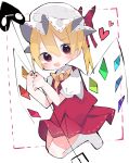  1girl ascot blonde_hair crystal_wings dress fang flandre_scarlet full_body hat hat_ribbon heart highres laevatein_(touhou) nacht_musik open_mouth red_dress red_eyes red_ribbon ribbon simple_background skin_fang socks solo touhou white_background yellow_ascot 