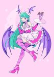  animal_print apron bare_shoulders bat_print capcom demon_wings dress food frilled_apron frilled_dress frilled_thighhighs frills green_eyes green_hair head_wings high_heels holding holding_plate ice_cream long_hair looking_at_viewer maid_headdress morrigan_aensland motozaki_mio one_eye_closed pink_dress pink_footwear pink_thighhighs plate sundae thighhighs vampire_(game) wings 