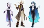  3boys alternate_costume amethio_(pokemon) ascot black_bow black_footwear black_gloves black_pants boots bow brown_coat cape closed_mouth coat commentary_request friede_(pokemon) gloves green_hair hands_up highres long_hair long_sleeves loose_hair_strand male_focus multiple_boys open_clothes open_coat open_mouth outline pants pants_tucked_in pokemon pokemon_(anime) pokemon_horizons shirt short_hair smile spinel_(pokemon) standing white_ascot white_background white_hair white_shirt ykt_(yorktin_fake) 