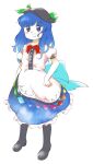  1girl :d blue_eyes blue_hair blue_skirt boots bow bowtie flat_chest fruit_hat_ornament full_body grey_footwear grey_headwear hat hinanawi_tenshi legs_apart long_hair nonamejd official_style peach_hat_ornament puffy_short_sleeves puffy_sleeves red_bow red_bowtie shirt short_sleeves simple_background skirt smile solo standing touhou white_background white_shirt zun_(style) 