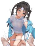  1boy 1girl bandaid bandaid_on_face bandaid_on_forehead black_hair blue_eyes blue_panties blush breasts commentary_request covered_nipples female_pubic_hair hamedoragon head_tilt idolmaster idolmaster_shiny_colors jacket looking_at_viewer mitsumine_yuika panties panty_pull pov pov_crotch pov_hands pubic_hair pussy_juice revision see-through see-through_shirt shirt simple_background smile sweat sweatdrop sweaty_clothes toes track_jacket twintails underwear wet wet_clothes wet_shirt white_background white_panties white_shirt 