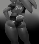 2018 anthro bottomwear butt clothed clothing disney female greyscale hand_on_hip hand_on_own_hip hi_res judy_hopps lagomorph leporid long_ears mammal midriff monochrome rabbit scut_tail short_tail shybred solo standing tail topwear zootopia