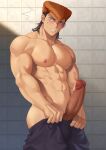  1boy abs absurdres ass bara black_hair blush brown_hair clenched_teeth clothes_pull danganronpa:_trigger_happy_havoc danganronpa_(series) erection highres large_pectorals male_focus multicolored_hair muscular muscular_male navel nipples owada_mondo p3ta_(yio) pants pants_pull pectorals penis pompadour purple_eyes short_hair solo sweat teeth topless_male two-tone_hair 