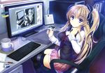  absurdres aikawa_tatsuki bangs blonde_hair blush bow breasts calendar_(object) cellphone chair computer cup desktop drawing eraser eyebrows_visible_through_hair hair_bow hand_on_headphones headphones headphones_around_neck highres holding_stylus indoors keyboard_(computer) large_breasts long_hair looking_at_viewer may monitor mug office_chair original phone pleated_skirt ponytail purple_eyes recursion scan side_ponytail sidelocks sitting skindentation skirt smartphone smile solo striped striped_legwear stylus tablet thighhighs 