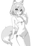  1girl animal_ear_fluff bikini blush breasts cowboy_shot fang fox fox_shadow_puppet fox_tail front-tie_bikini_top front-tie_top greyscale groin kudamaki_tsukasa monochrome navel onkn_sxkn open_mouth short_hair side-tie_bikini_bottom simple_background small_breasts smile solo swimsuit tail touhou white_background 