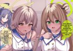  3girls ? blue_archive blue_eyes blush brown_eyes brown_hair caramellate confused english_text green_eyes halo hifumi_(blue_archive) highres idol_clothes long_hair looking_at_viewer mischievous_straight_uniform_(blue_archive) multiple_girls nonomi_(blue_archive) official_alternate_costume purple_hair speech_bubble sweat yuuka_(blue_archive) 