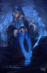  903506307 absurdres blue_eyes blue_legwear blurry claws depth_of_field dress elsword feet hand_on_own_knee highres horns long_hair luciela_r._sourcream noblesse_(elsword) pointy_ears silver_hair sitting solo tail thighhighs throne toes twintails 