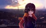  1girl adjusting_scarf badge bangs brown_hair building button_badge cityscape cloud cloudy_sky coat glasses green_eyes hair_ornament hairclip highres house long_sleeves looking_at_viewer matsumae_takumi open_mouth original outdoors peace_symbol railing ringed_eyes rooftop scarf scarf_grab scarf_pull scenery semi-rimless_eyewear short_hair sky solo sunlight sunset tower translation_request transmission_tower tree twitter_username under-rim_eyewear upper_body wallpaper watermark web_address 