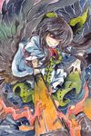  arm_cannon bell black_hair black_wings feathered_wings fire hair_bell hair_ornament highres kusuke long_hair red_eyes reiuji_utsuho solo third_eye touhou traditional_media watercolor_(medium) weapon wings 