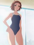  1girl bare_shoulders brown_eyes brown_hair hand_on_hip katsuragi_hana one-piece_swimsuit screencap seikon_no_qwaser short_hair solo standing stitched swimsuit window 