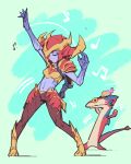  1girl arm_up armor breasts closed_eyes colored_skin dancing_toothless_(meme) dragon hand_up helmet league_of_legends medium_breasts meme musical_note navel pants phantom_ix_row purple_skin red_armor red_pants shyvana stomach 