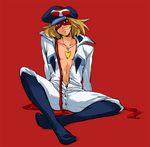  1boy bandana blonde_hair boots full_body gloves jewelry jumpsuit looking_at_viewer male_focus necklace open_clothes red_background simple_background sitting solo spread_legs takada_gan time_bokan_(series) yatterman 