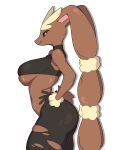  1girl body_fur breasts brown_fur dark_skin furry furry_female happy highres looking_at_viewer lopunny mega_evolution mega_lopunny pink_eyes pink_nose pointy_ears pokemon pokemon_(creature) potatoartox potatoartx0 simple_background smile solo sports_bra thighhighs 