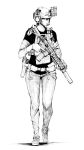  1girl assault_rifle belt full_body gloves glowstick greyscale gun highres holding holding_gun holding_weapon holster layered_sleeves load_bearing_vest long_sleeves looking_to_the_side m4_carbine monochrome original pants pen_guin15 radio rifle shirt short_hair short_over_long_sleeves short_sleeves simple_background solo suppressor t-shirt trigger_discipline utility_belt weapon 