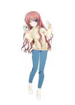  1girl ;) a-chan_senpai absurdres alternate_costume blue_eyes brown_hair casual closed_mouth commentary cup denim disposable_cup full_body hair_between_eyes hands_up highres holding holding_cup jeans light_blush little_busters! long_hair looking_at_viewer natsuoto_rito no_socks one_eye_closed pants sidelocks simple_background sleeves_past_wrists smile solo standing sweater tachi-e turtleneck turtleneck_sweater v v-shaped_eyebrows very_long_hair wavy_hair white_background yellow_sweater 