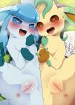  2girls :d animal_ears anus blue_eyes blue_fur blush body_fur brown_eyes commentary dagasi furry glaceon grass heart heart-shaped_pupils highres leafeon looking_at_viewer lying multiple_girls open_mouth pokemon pokemon_(creature) presenting pussy saliva smile sweat symbol-shaped_pupils tail take_your_pick uncensored yellow_fur 