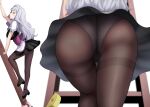  1boy 1girl alternate_costume apron ass ass_focus black_dress blush bo_(bo) breasts brown_pantyhose close-up corset dress enmaided grey_hair idolmaster idolmaster_(classic) idolmaster_million_live! kneepits ladder large_breasts long_hair maid maid_headdress multiple_views p-head_producer panties panties_under_pantyhose pantyhose pervert pov producer_(idolmaster) puffy_short_sleeves puffy_sleeves shijou_takane short_sleeves underwear very_long_hair waist_apron white_panties wooden_ladder 