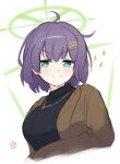  &gt;:) 1girl ahoge black_sweater blue_archive blue_eyes blush breasts brown_jacket closed_mouth cropped_torso english_commentary hair_ornament hairclip halo highres jacket looking_at_viewer medium_breasts open_clothes open_jacket purple_hair saki_(blue_archive) simple_background smile solo sparkle sweater turtleneck turtleneck_sweater uber_(29131626) upper_body v-shaped_eyebrows white_background 