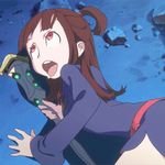  1girl ahegao akko_kagari animated animated_gif brown_hair female little_witch_academia lowres photoshop red_eyes sexually_suggestive solo staff 