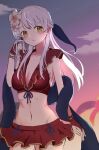  1girl absurdres bare_shoulders bikini bikini_skirt breasts cleavage cloud collarbone commentary fingerless_gloves fire_emblem fire_emblem:_radiant_dawn fire_emblem_heroes flower gloves grey_hair groin hair_flower hair_ornament hair_ribbon half_updo highres inuinui29 long_hair looking_at_viewer medium_breasts micaiah_(fire_emblem) micaiah_(summer)_(fire_emblem) navel official_alternate_costume red_bikini red_gloves ribbon solo sunlight swimsuit towel twilight yellow_eyes 