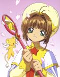  1girl absurdres brown_hair cardcaptor_sakura closed_mouth green_eyes hat highres holding holding_wand kero kinomoto_sakura light_smile looking_at_viewer magical_girl official_art open_mouth short_hair smile star_(symbol) tail wand wings 