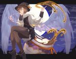  bishounen boots brown_hair cloud cloudy_sky coffee coffee_cup crossdressing crossed_legs cup disposable_cup english_commentary feathered_wings full_moon granblue_fantasy hair_between_eyes halloween halloween_costume hat highres hyuuhyoo jacket light_smile looking_at_viewer magic male_focus messy_hair moon night orange_eyes pantyhose pointing sandalphon_(granblue_fantasy) scarf signature sitting sky striped_clothes striped_pantyhose vertical-striped_clothes vertical-striped_pantyhose white_jacket white_scarf white_wings wings witch witch_hat 