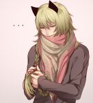  ... 1boy animal_ears blonde_hair braid braiding_hair cat_boy cat_ears hair_between_eyes hairdressing half-closed_eyes lamento lcrma leaks long_hair long_sleeves looking_down male_focus red_eyes shawl single_braid solo upper_body white_background 