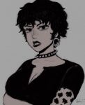  1girl arm_tattoo black_choker black_hair black_shirt breasts choker cleavage collar doll_(one_piece) earrings eyelashes highres jewelry lipstick looking_at_viewer makeup one_piece shirt short_hair sketch spiked_collar spikes tattoo 