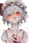  1girl absurdres ascot blush collarbone collared_shirt frilled_shirt_collar frills grey_hair hat hat_ribbon highres looking_at_viewer mob_cap open_mouth pointy_ears red_ascot red_eyes red_ribbon remilia_scarlet ribbon shirt short_hair simple_background solo touhou tsune_(tune) upper_body white_background white_headwear white_shirt 